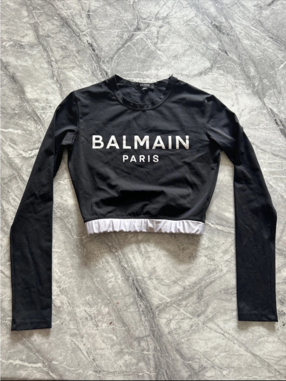 Balmain Black Cropped Long-Sleeve Logo Top with White Trim